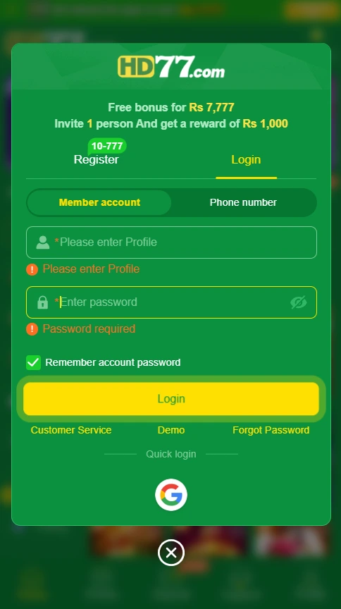hd777 game login Screenshot