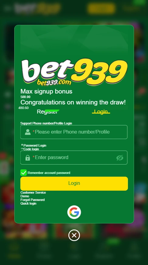 Bet939 game login Screenshot